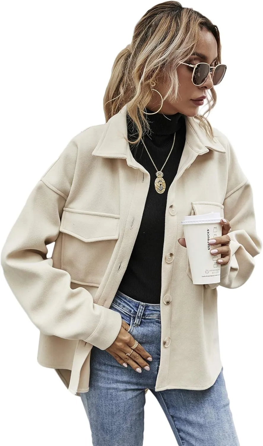 MakeMeChic Women's Wool Blend Button Down Long Sleeve Oversized Shacket Jacket Coat