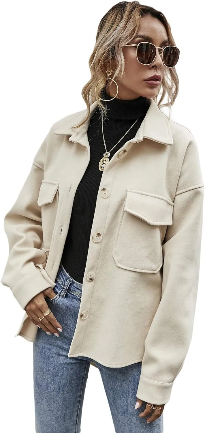 MakeMeChic Women's Wool Blend Button Down Long Sleeve Oversized Shacket Jacket Coat