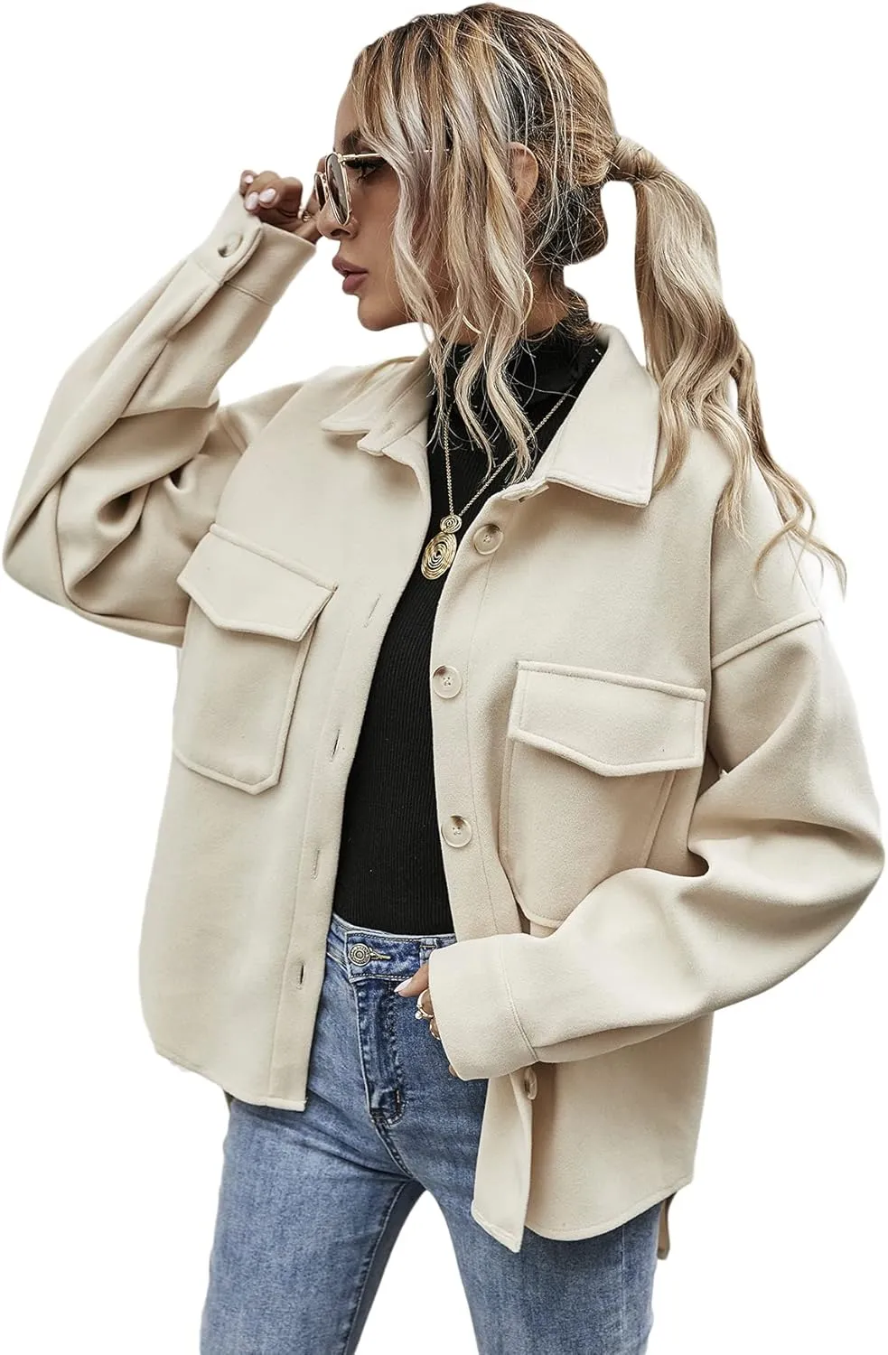 MakeMeChic Women's Wool Blend Button Down Long Sleeve Oversized Shacket Jacket Coat