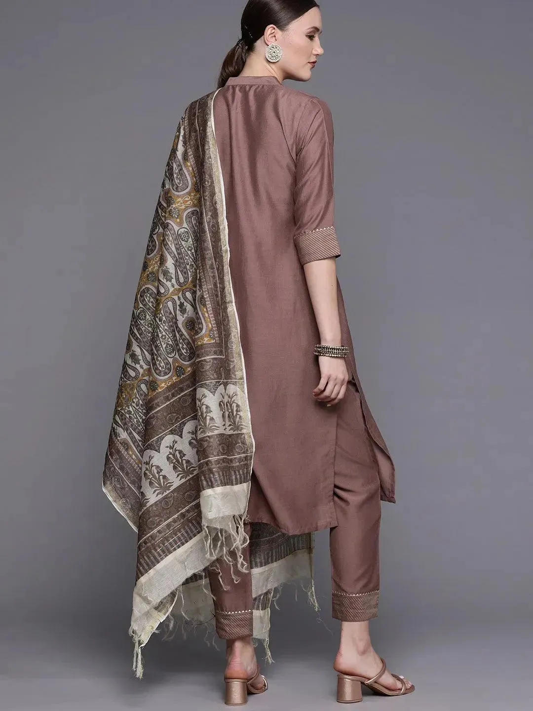 Mauve Solid Silk Blend Straight Kurta With Dupatta
