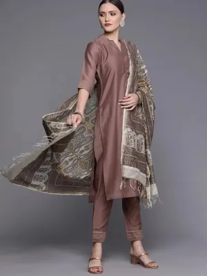 Mauve Solid Silk Blend Straight Kurta With Dupatta
