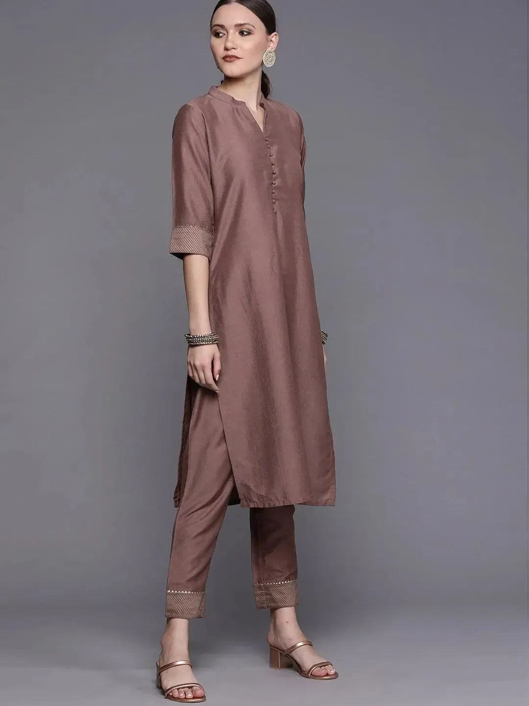 Mauve Solid Silk Blend Straight Kurta With Dupatta