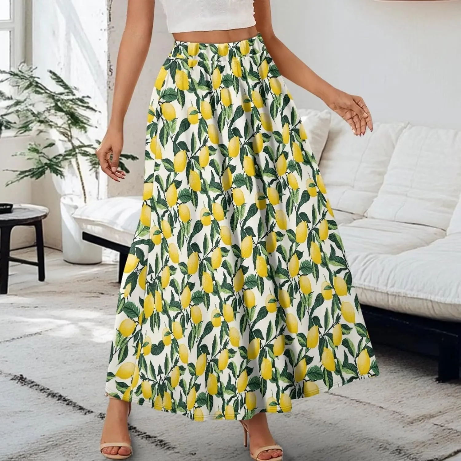 Maxi Long Skirts for Women Trendy Elastic High Waisted Flowy Skirt with Pockets Ladies Soft Midi Skirts for Office