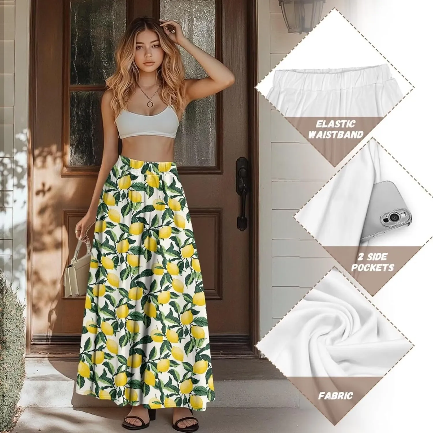 Maxi Long Skirts for Women Trendy Elastic High Waisted Flowy Skirt with Pockets Ladies Soft Midi Skirts for Office