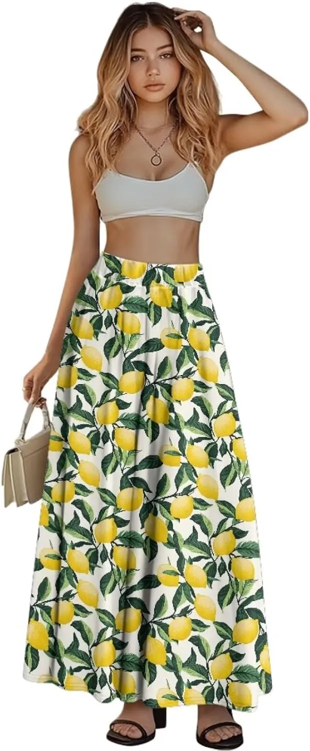 Maxi Long Skirts for Women Trendy Elastic High Waisted Flowy Skirt with Pockets Ladies Soft Midi Skirts for Office
