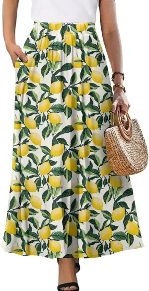 Maxi Long Skirts for Women Trendy Elastic High Waisted Flowy Skirt with Pockets Ladies Soft Midi Skirts for Office