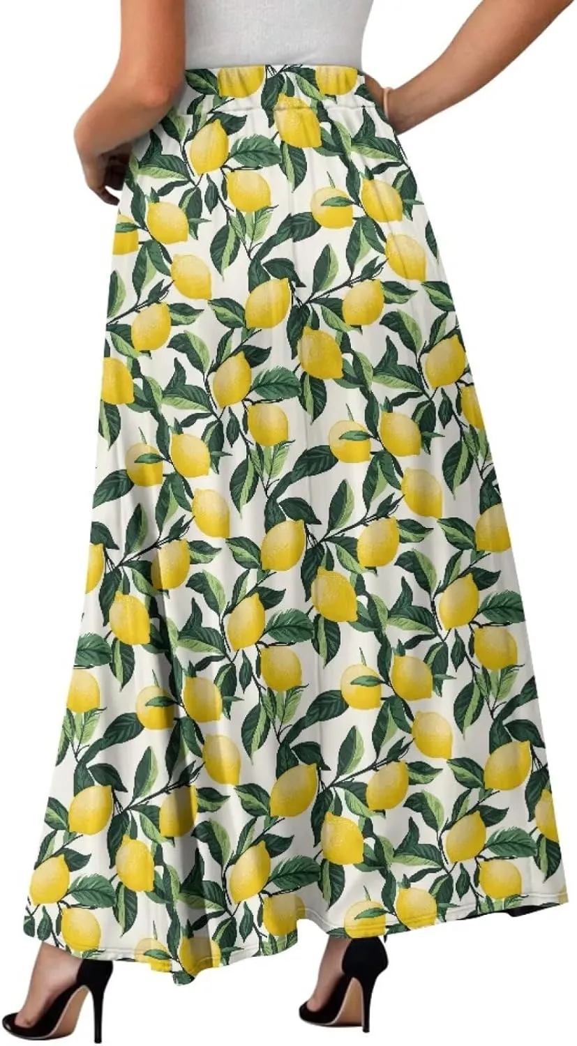 Maxi Long Skirts for Women Trendy Elastic High Waisted Flowy Skirt with Pockets Ladies Soft Midi Skirts for Office