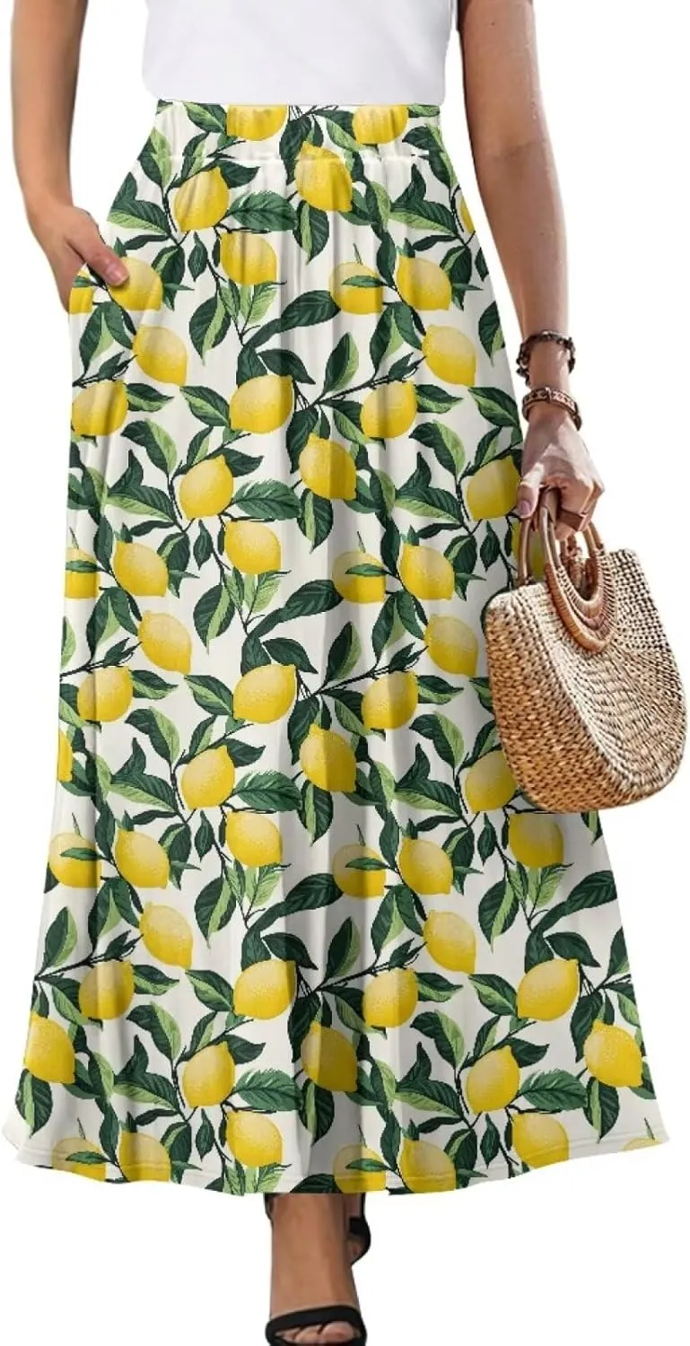 Maxi Long Skirts for Women Trendy Elastic High Waisted Flowy Skirt with Pockets Ladies Soft Midi Skirts for Office