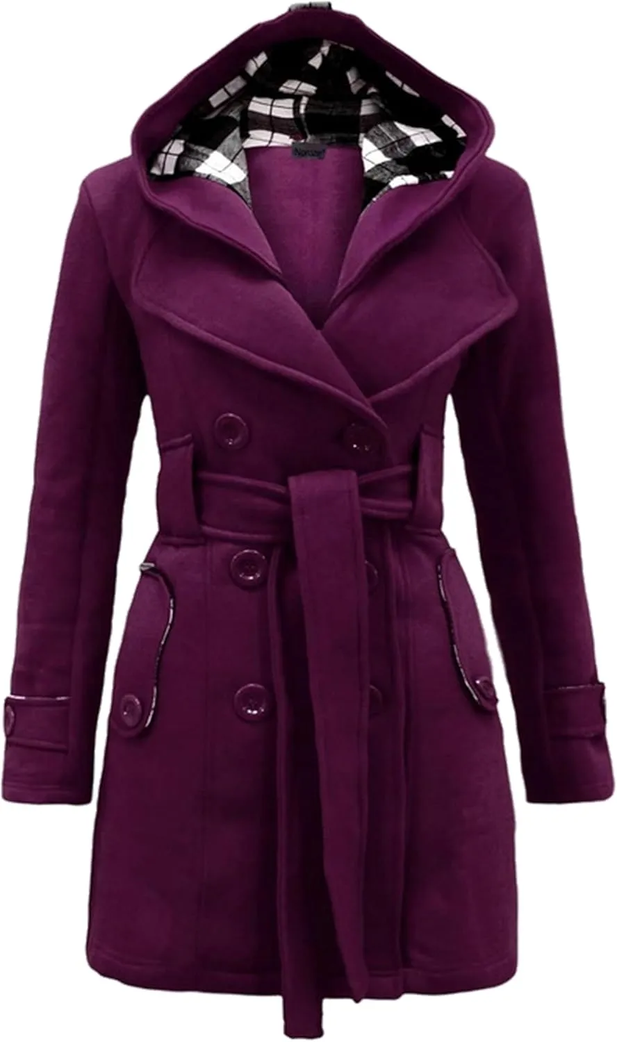 MAYRAIN Women Wool Blend Casual Coat With Belt Outdoor Thicken Hooded Jacket Winter Double Breasted Pea Coat