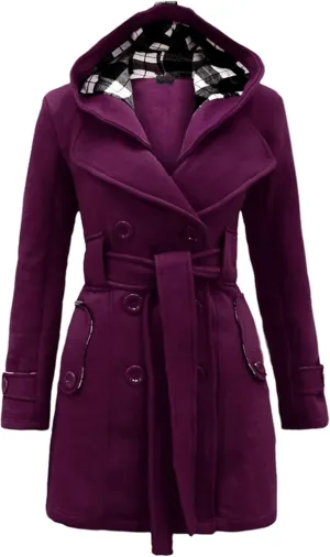 MAYRAIN Women Wool Blend Casual Coat With Belt Outdoor Thicken Hooded Jacket Winter Double Breasted Pea Coat