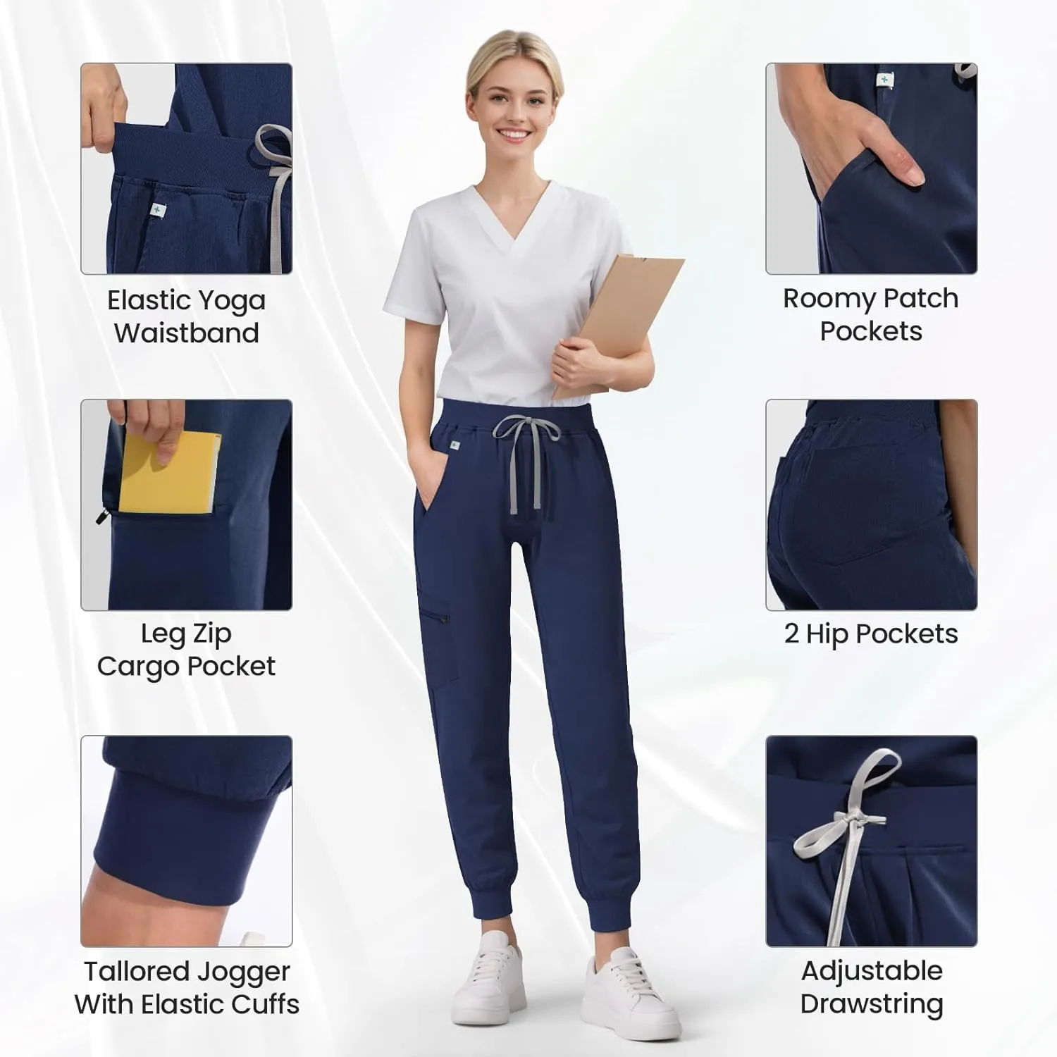 Medical Scrub Pants for Women, Jogger Scrub Pants with 5 Pockets Drawstring Cargo Pants Mid-Rise Womens Scrubs Pant