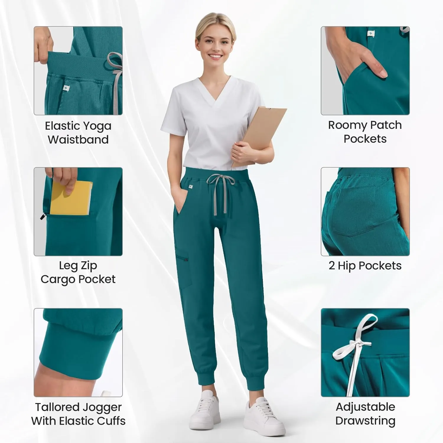 Medical Scrub Pants for Women, Jogger Scrub Pants with 5 Pockets Drawstring Cargo Pants Mid-Rise Womens Scrubs Pant