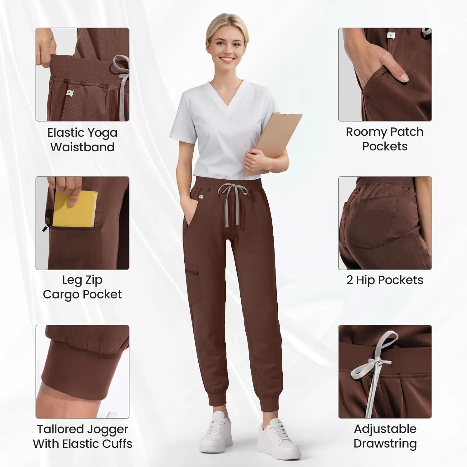 Medical Scrub Pants for Women, Jogger Scrub Pants with 5 Pockets Drawstring Cargo Pants Mid-Rise Womens Scrubs Pant