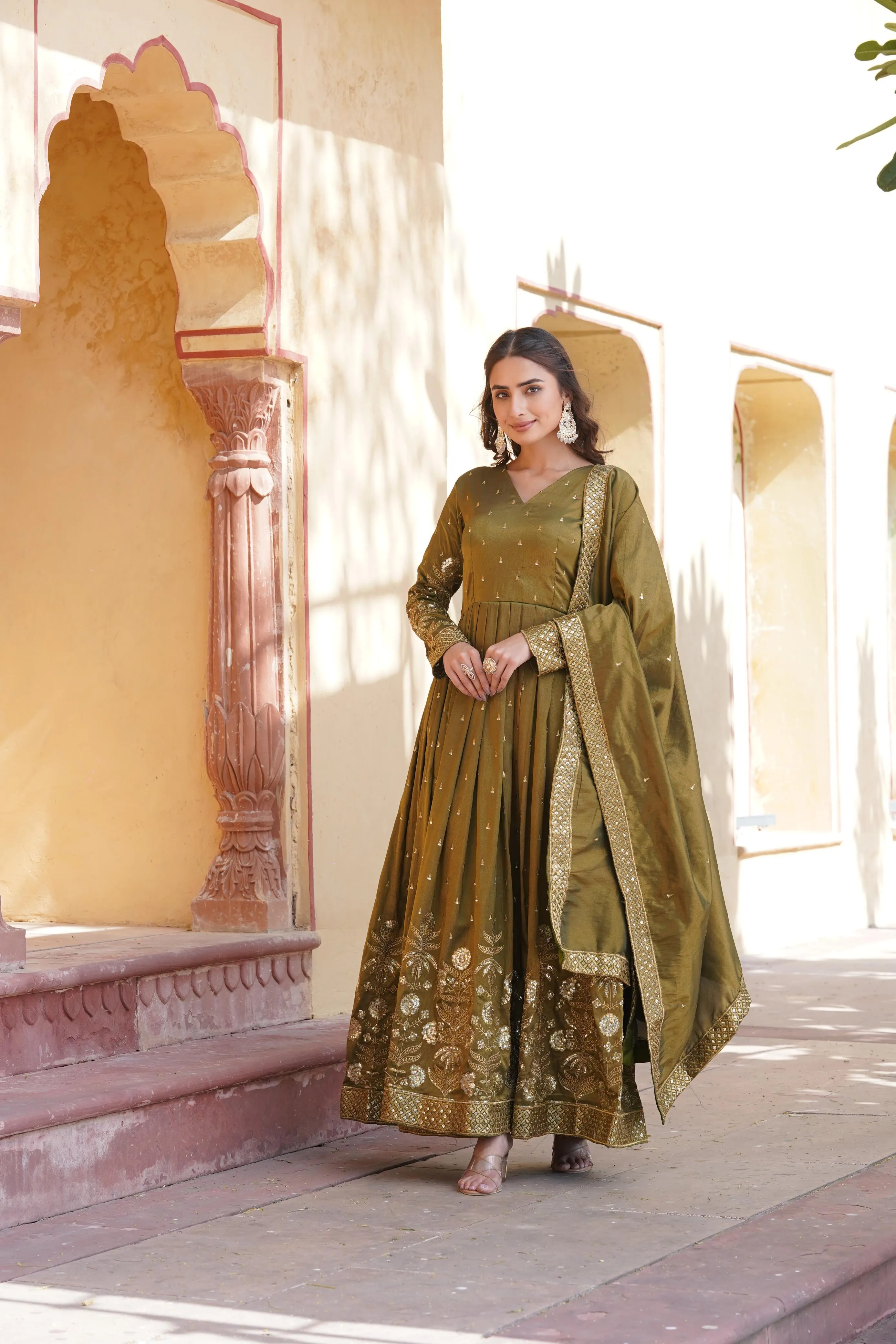 Mehendi Green Celestial Cosmos Embroidered Viscose Ensemble