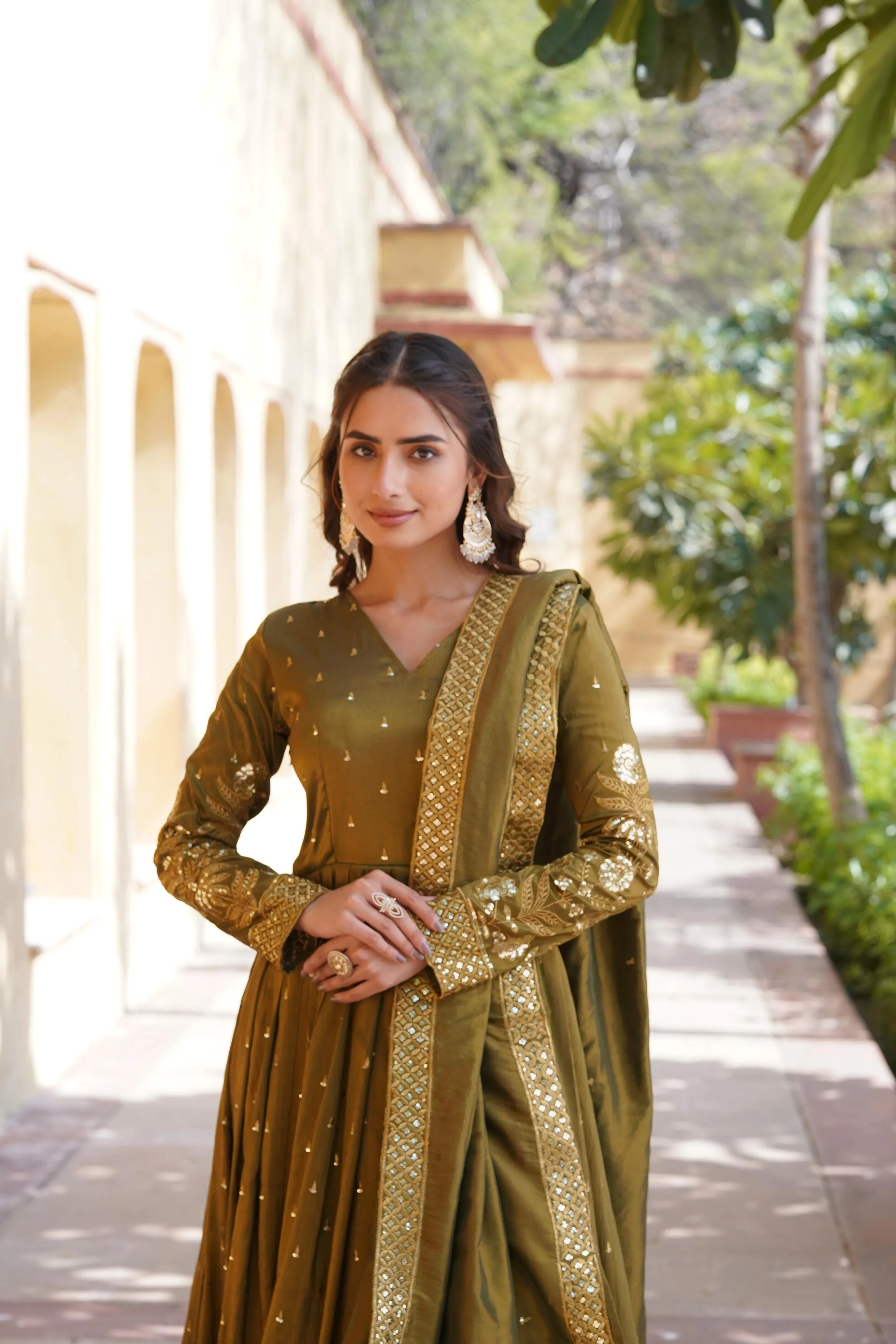 Mehendi Green Celestial Cosmos Embroidered Viscose Ensemble