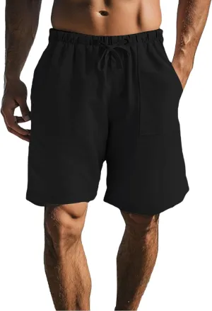 Men Casual Summer Shorts Elastic Waist Drawstring Short Pants Solid Color Straight Beach Pants with Pockets