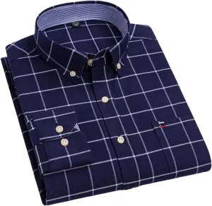 Men Checkered Oxford Shirt Long Sleeve Lapel Pocket Button Regular Fit Casual Shirts