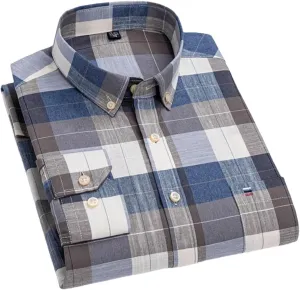 Men Checkered Oxford Shirt Long Sleeve Lapel Pocket Button Regular Fit Casual Shirts