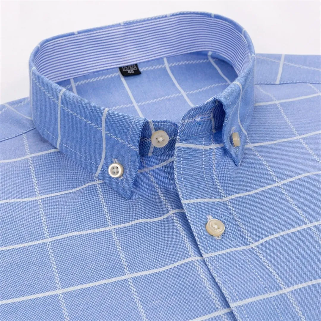 Men Checkered Oxford Shirt Long Sleeve Lapel Pocket Button Regular Fit Casual Shirts