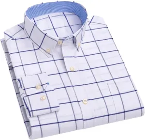 Men Checkered Oxford Shirt Long Sleeve Lapel Pocket Button Regular Fit Casual Shirts