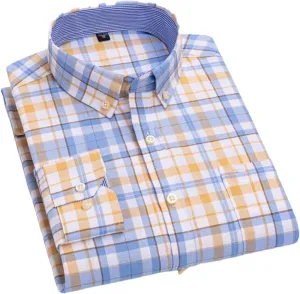 Men Checkered Oxford Shirt Long Sleeve Lapel Pocket Button Regular Fit Casual Shirts