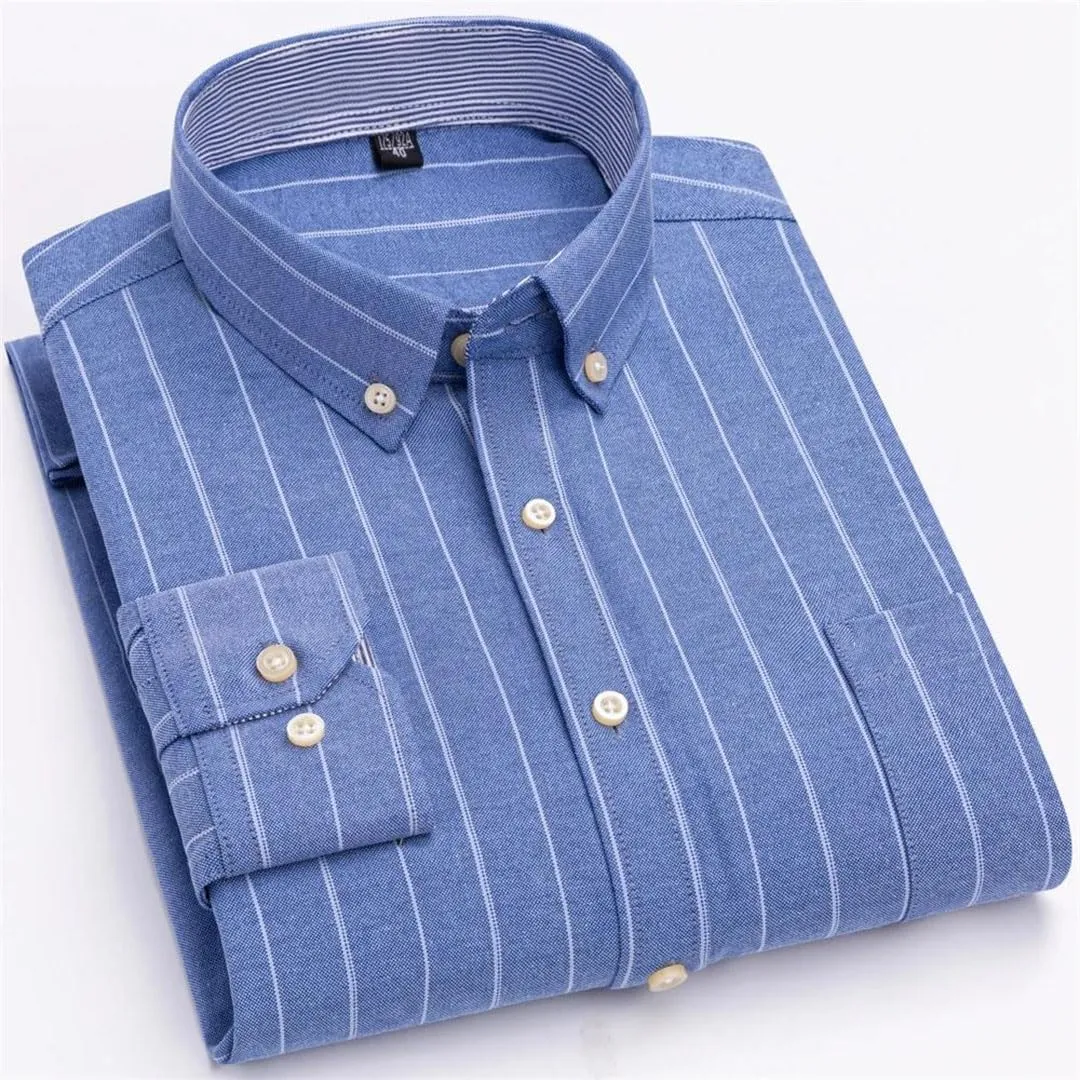 Men Checkered Oxford Shirt Long Sleeve Lapel Pocket Button Regular Fit Casual Shirts