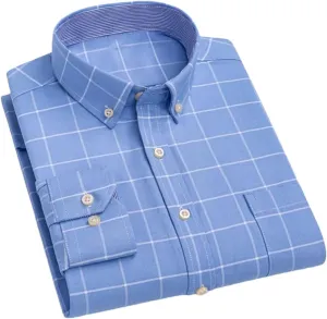 Men Checkered Oxford Shirt Long Sleeve Lapel Pocket Button Regular Fit Casual Shirts