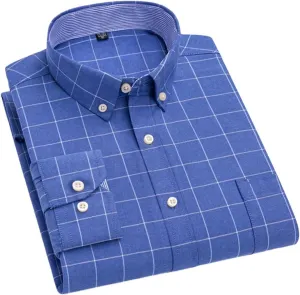 Men Checkered Oxford Shirt Long Sleeve Lapel Pocket Button Regular Fit Casual Shirts