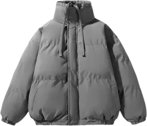 Men Drawstring Stand Collar Solid Cotton-Padded Thicken Warm Casual Pockets Parka Coat