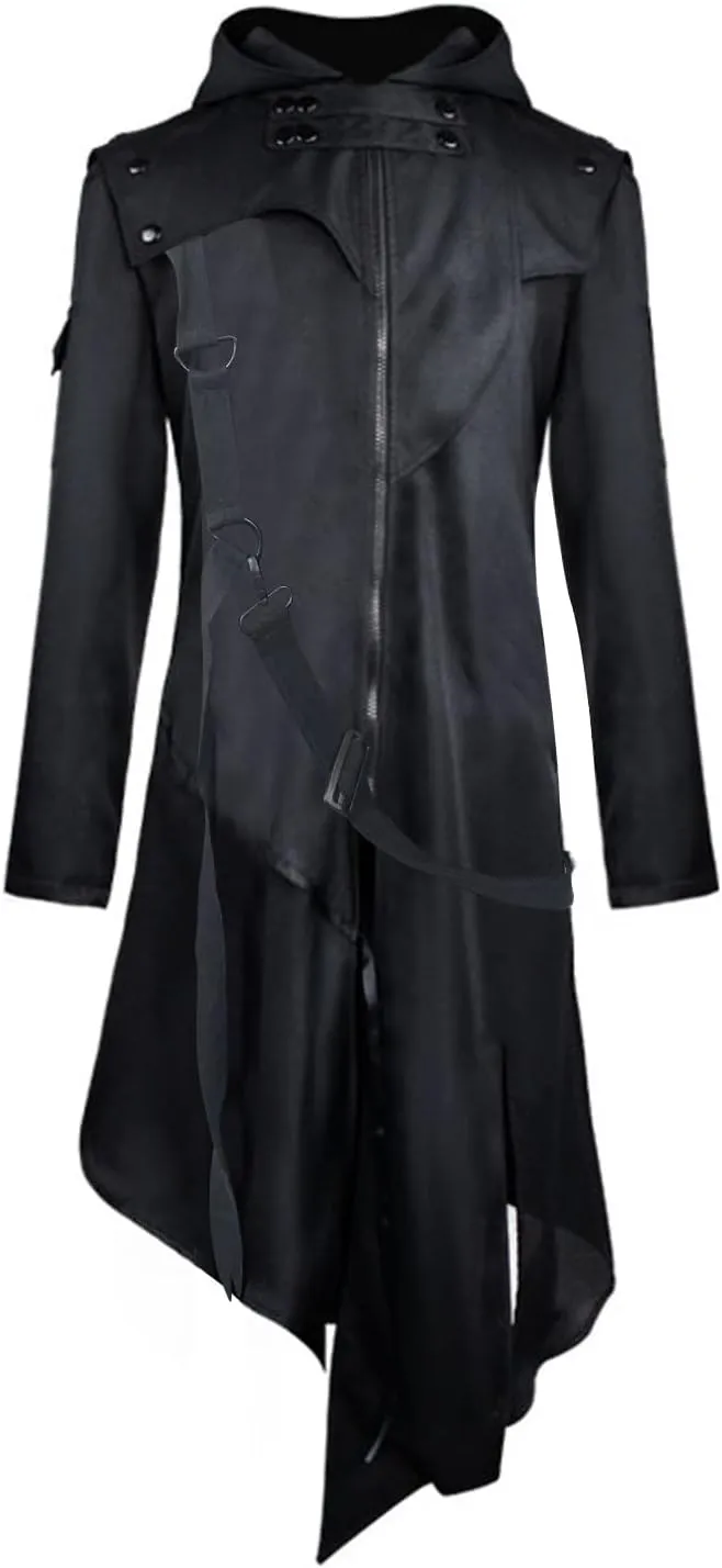 Men Gothic Hoodie Jacket with Zipper Button Medieval Irregular Cape Punk Long Trench Coat Victorian Halloween Costume
