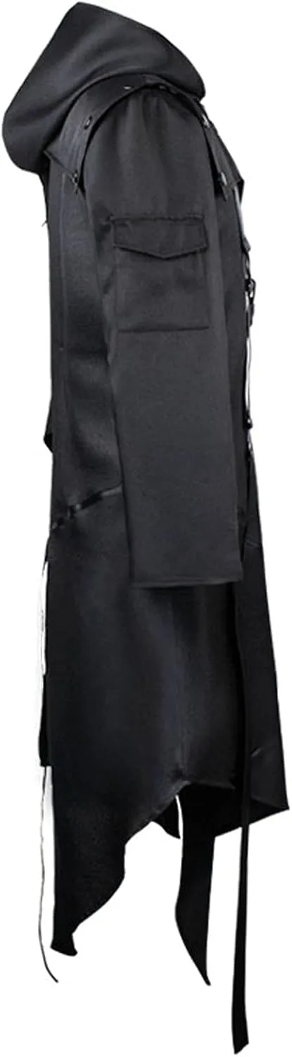 Men Gothic Hoodie Jacket with Zipper Button Medieval Irregular Cape Punk Long Trench Coat Victorian Halloween Costume