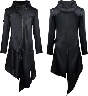 Men Gothic Hoodie Jacket with Zipper Button Medieval Irregular Cape Punk Long Trench Coat Victorian Halloween Costume