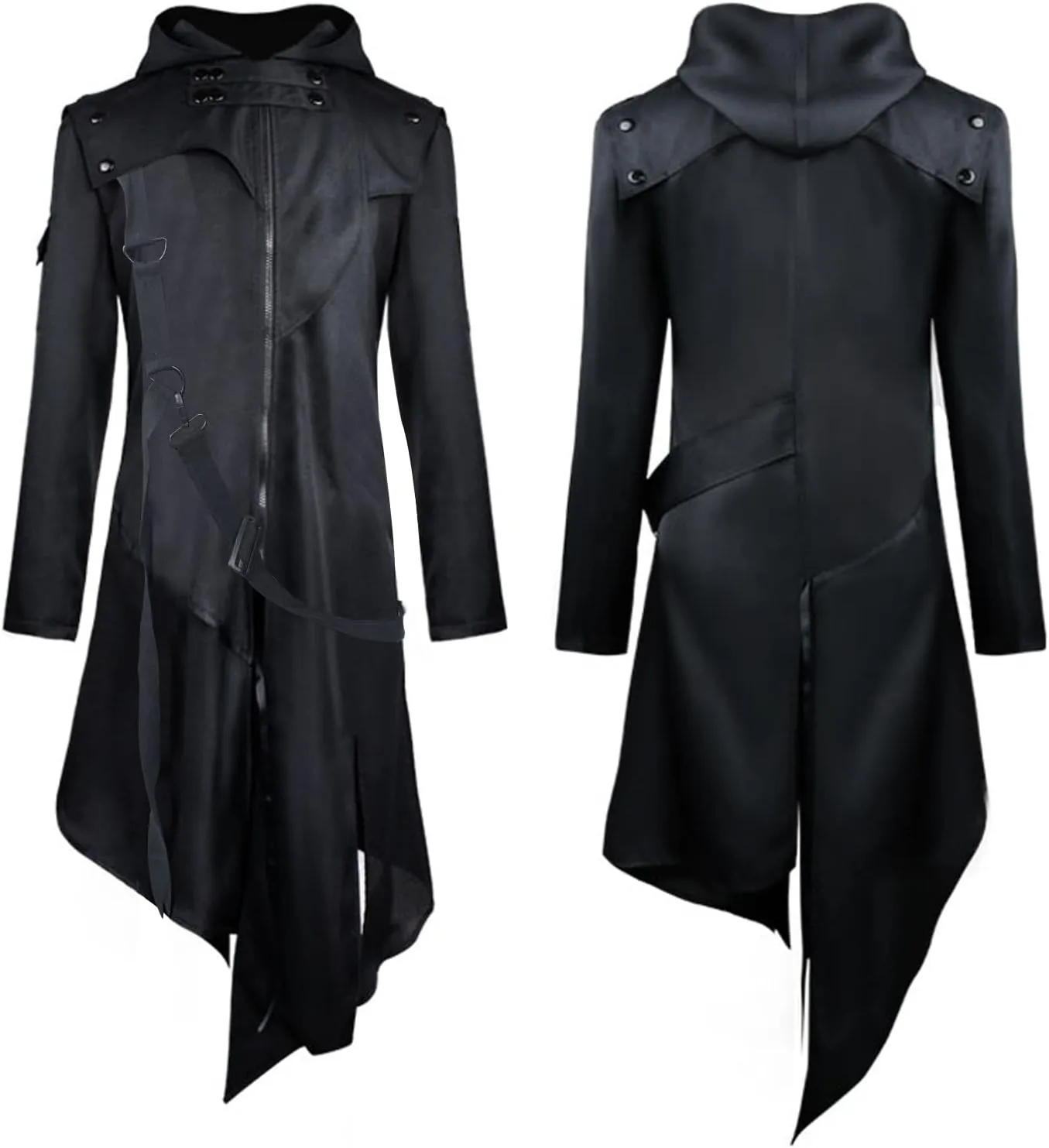 Men Gothic Hoodie Jacket with Zipper Button Medieval Irregular Cape Punk Long Trench Coat Victorian Halloween Costume
