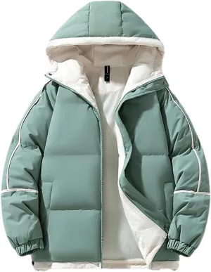 Men Hooded Stand Collar Cotton-Padded Thick Warm Casual Patchwork Long Sleeve Parka Coat