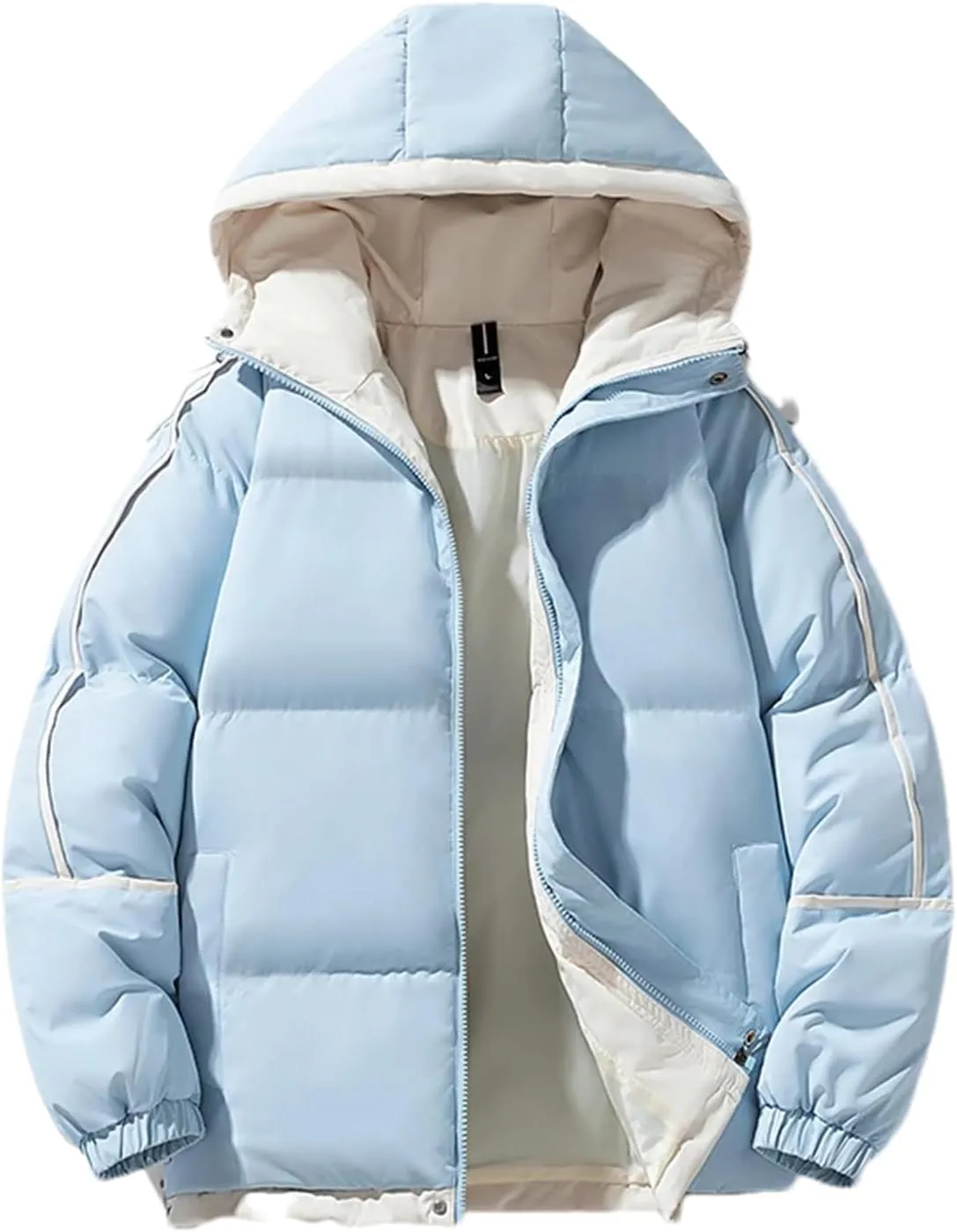 Men Hooded Stand Collar Cotton-Padded Thick Warm Casual Patchwork Long Sleeve Parka Coat