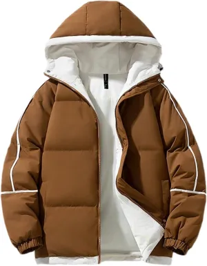Men Hooded Stand Collar Cotton-Padded Thick Warm Casual Patchwork Long Sleeve Parka Coat