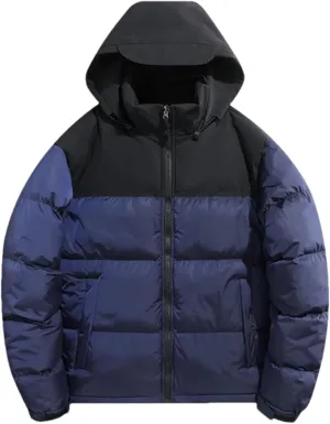 Men Hooded Stand Collar Patchwork Cotton-Padded Warm Casual Long Sleeve Zipper Parka Coat