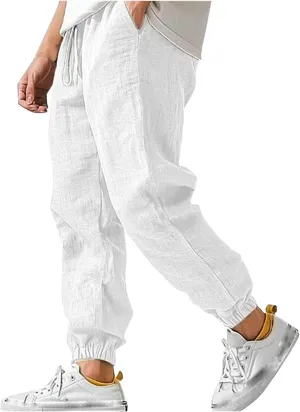 Men Pants Slim Fit Basic Elastic Waist Drawstring Comfy Linen Trousers Casual Fashion Lightweight Summer Beach Outfit