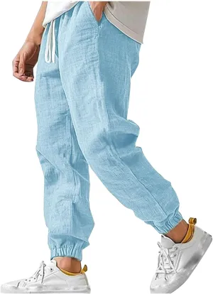 Men Pants Slim Fit Basic Elastic Waist Drawstring Comfy Linen Trousers Casual Fashion Lightweight Summer Beach Outfit