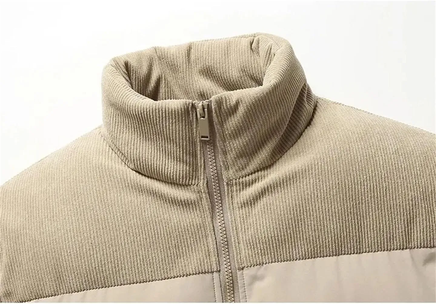 Men Patchwork Corduroy Stand Collar Cotton-Padded Warm Casual Sports Thick Parka Coat