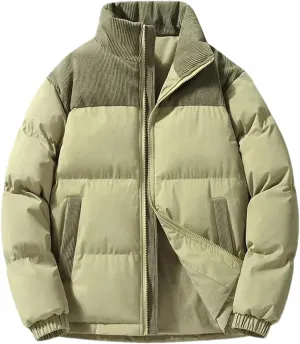 Men Patchwork Corduroy Stand Collar Cotton-Padded Warm Casual Sports Thick Parka Coat