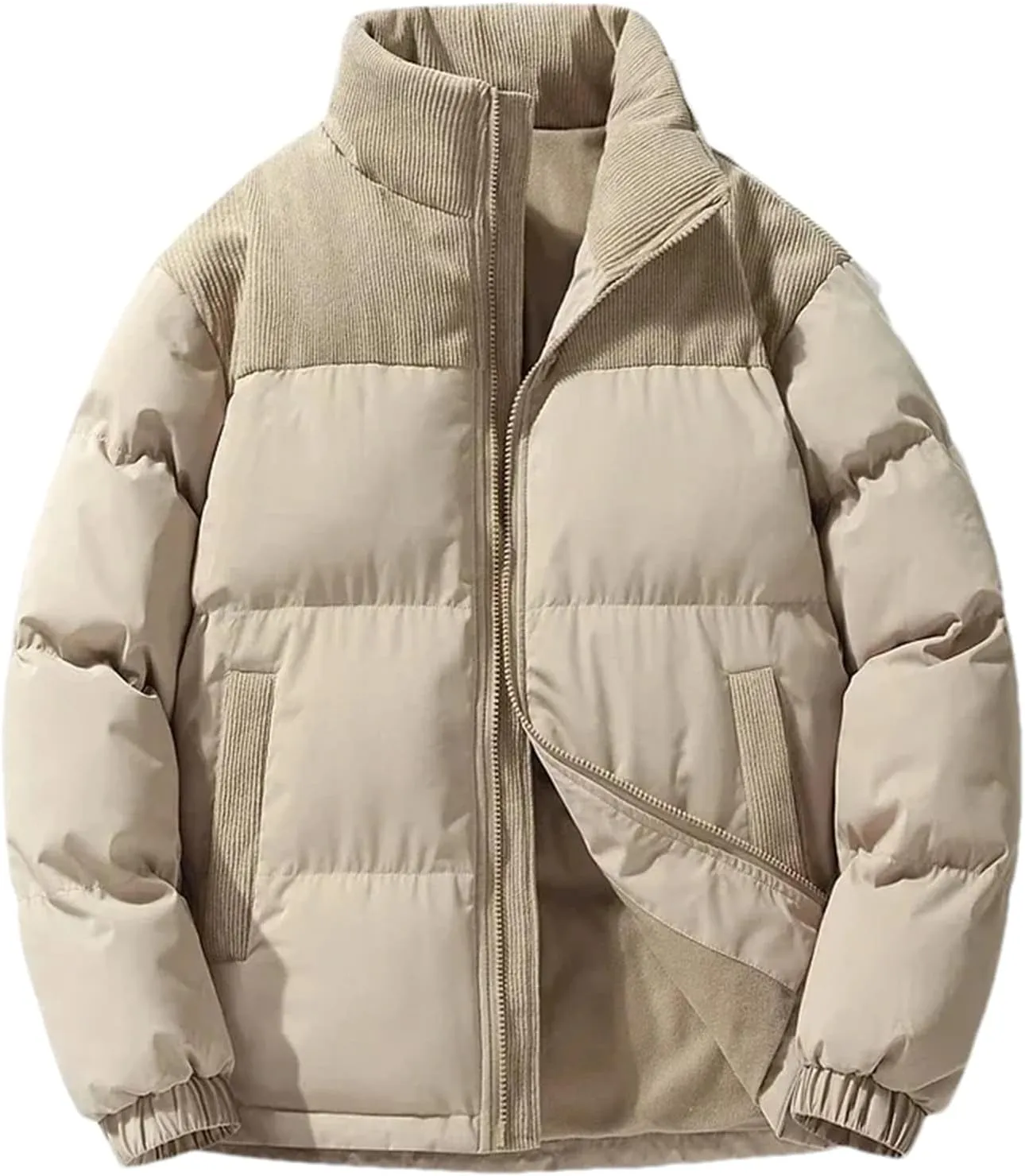 Men Patchwork Corduroy Stand Collar Cotton-Padded Warm Casual Sports Thick Parka Coat