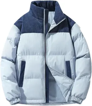 Men Patchwork Corduroy Stand Collar Cotton-Padded Warm Casual Sports Thick Parka Coat