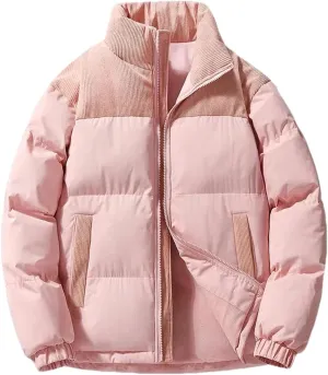 Men Patchwork Corduroy Stand Collar Cotton-Padded Warm Casual Sports Thick Parka Coat