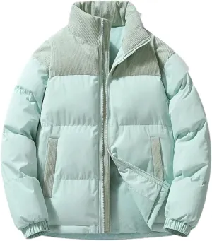 Men Patchwork Corduroy Stand Collar Cotton-Padded Warm Casual Sports Thick Parka Coat