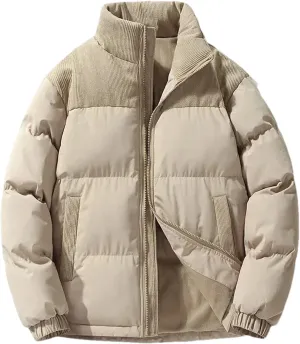 Men Patchwork Corduroy Stand Collar Cotton-Padded Warm Casual Sports Thick Parka Coat