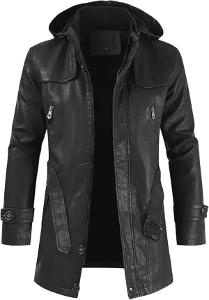 Men Pu Leather Zipper Trench Coat Hooded Casual Motorcycle Long Leather Jacket Vintage Biker Windbreaker With Belt