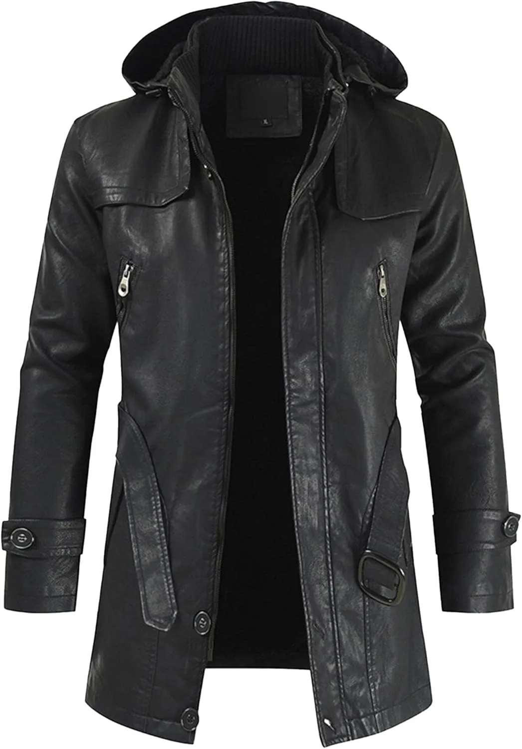 Men Pu Leather Zipper Trench Coat Hooded Casual Motorcycle Long Leather Jacket Vintage Biker Windbreaker With Belt