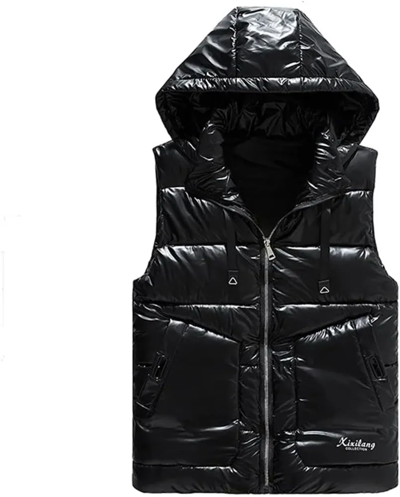 Men Removable Hooded Vest Thicken Warm Cotton-Padded Vest Solid Color Big Pockets Waistcoat