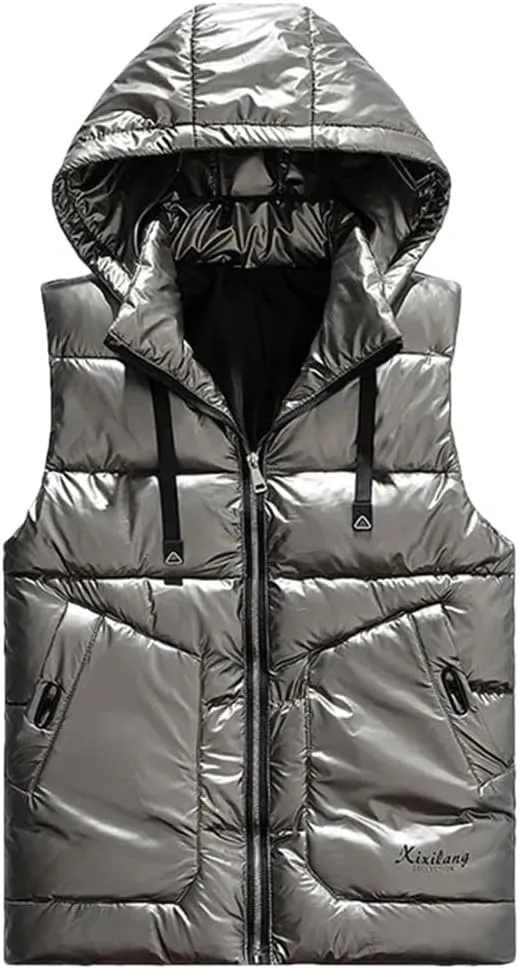 Men Removable Hooded Vest Thicken Warm Cotton-Padded Vest Solid Color Big Pockets Waistcoat
